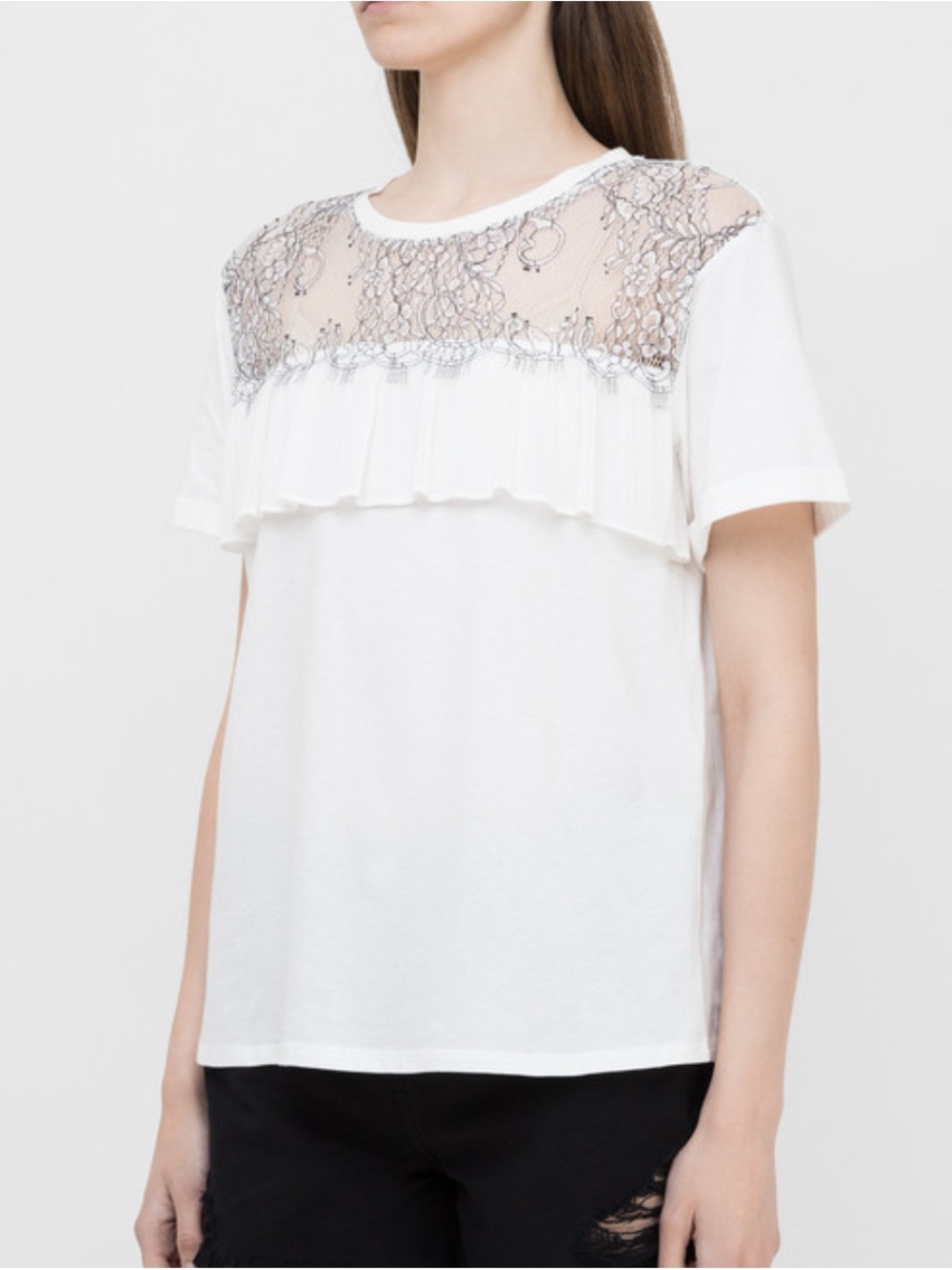 NEW Twin-Set Milano White Short Sleeve Tee with Lace Yoke and Ruffle